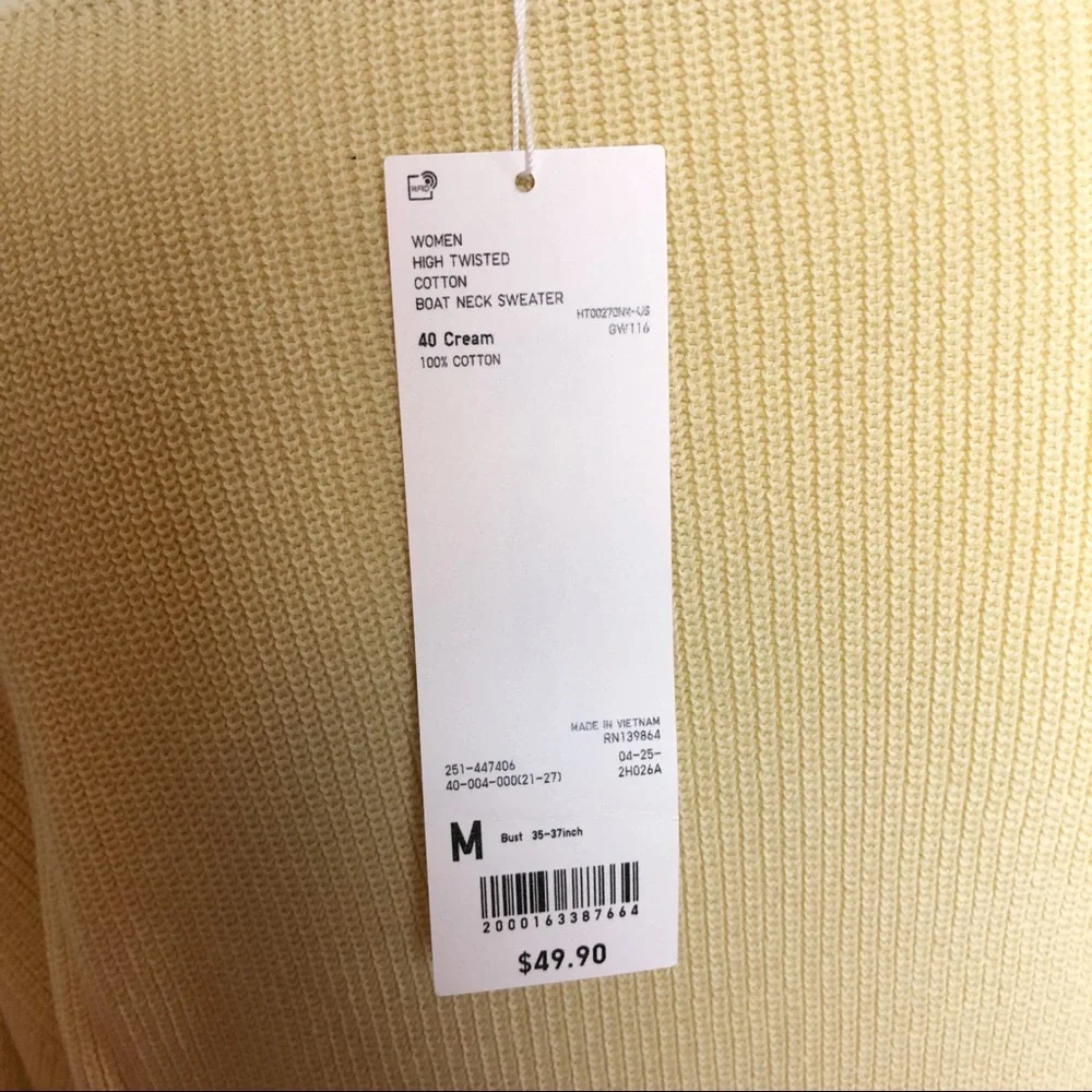 Uniqlo High Twisted Cotton Boat Neck Knit Sweater in 40 Cream Size Medium - Picture 8 of 11